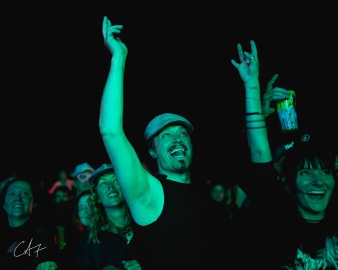 Crowd enjoying a concert, with people cheering and raising their hands.