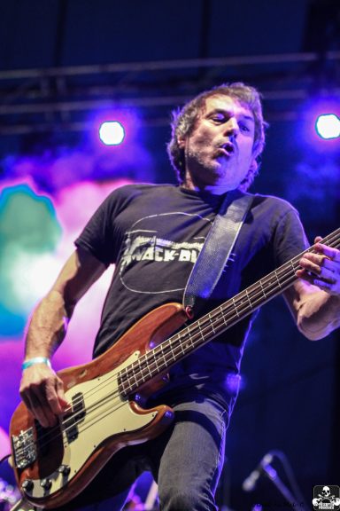 Musician playing bass guitar on stage with vibrant lights in the background.