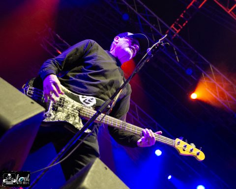 Musician playing bass guitar on stage with vibrant lighting.