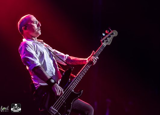 A musician playing bass guitar on stage under vibrant stage lights.