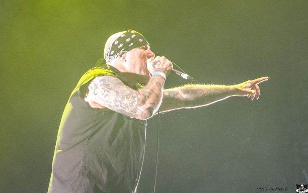 Lead singer with tattoos performing on stage, wearing a bandana and black shirt.