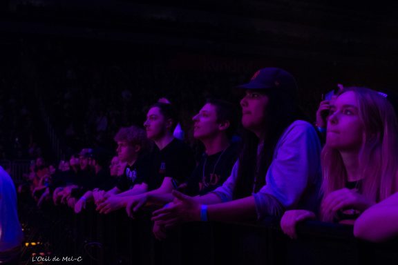 A group of concert-goers eagerly watching a performance, highlighted by purple lighting.