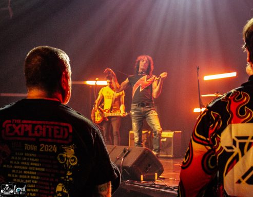 A musician performs on stage, with audience members visibly engaged in the background.