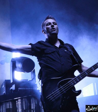Musician playing bass guitar with arms outstretched on stage, dramatic blue lighting.