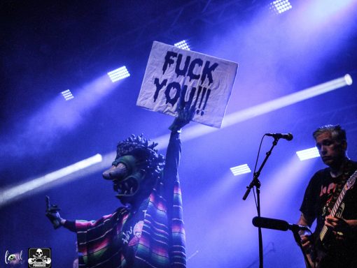 A performer in a colorful outfit holds a sign expressing strong sentiment on stage.