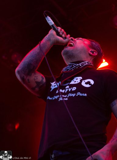 Singer performing passionately on stage with a microphone, red stage lights in the background.