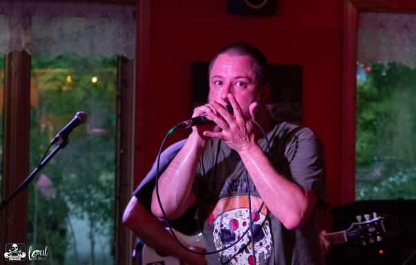 A musician performs with a harmonica on stage, passionately engaging the audience.