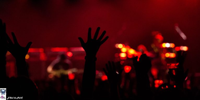 Hands raised in a crowd during a lively concert with red stage lights.