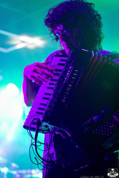 Musician playing an accordion on stage with colorful lighting.