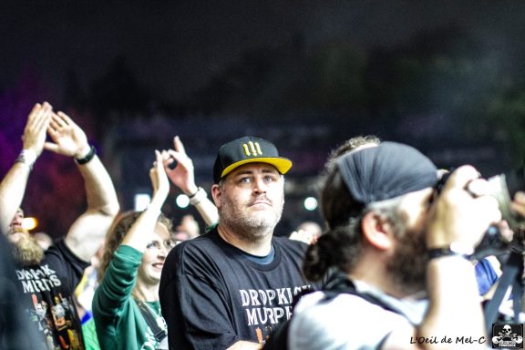 A crowd at a concert, with fans cheering and taking photos.