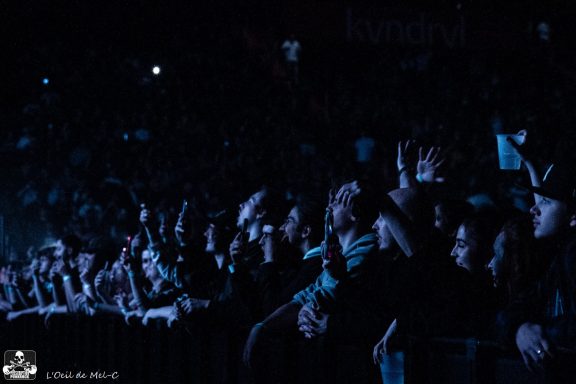 Crowd of enthusiastic concertgoers enjoying a live music performance in low light.