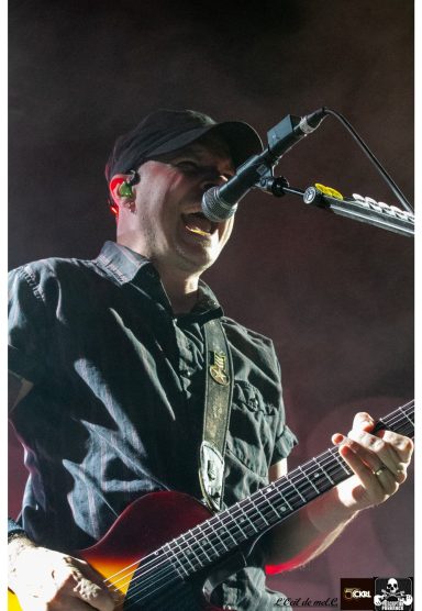 Musician performing on stage, singing into a microphone while playing guitar.