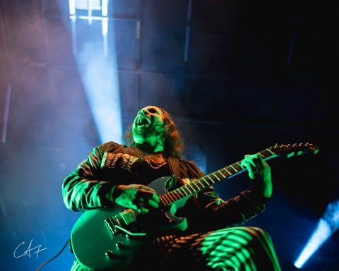 Musician performing on stage with a guitar, illuminated by green and blue lights.