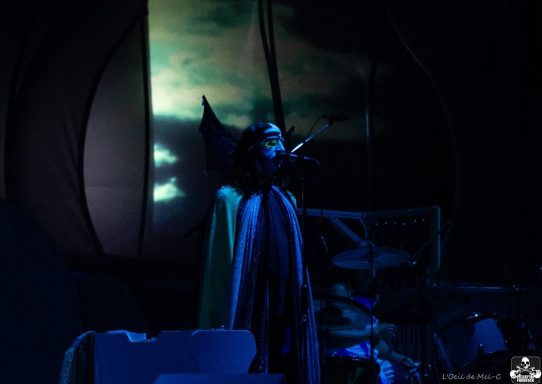 A performer in a dark, dramatic costume stands on stage with a striking backdrop.