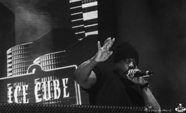 Ice Cube performing on stage, gesturing with a microphone against a backdrop.