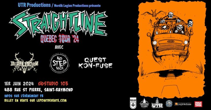 Poster for a music event featuring "Straightline," with a cartoon-style van and vibrant colors.