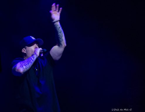 A performer with tattoos passionately singing into a microphone on stage.