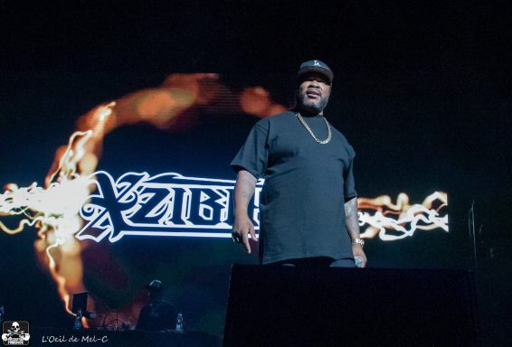 Xzibit performing on stage with a vibrant backdrop.