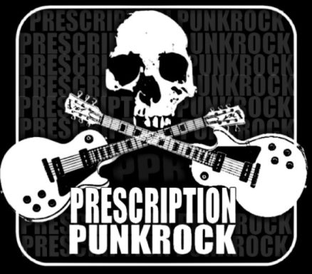 A skull with crossed guitars; text reads "Prescription Punkrock."