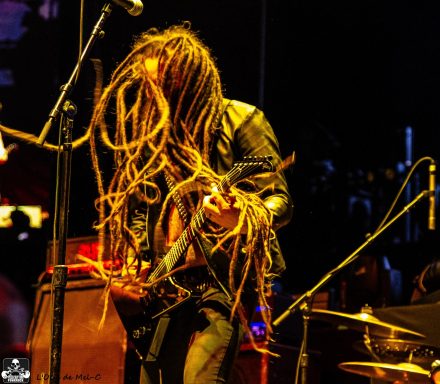 Musician with long dreadlocks performing on stage with a guitar.